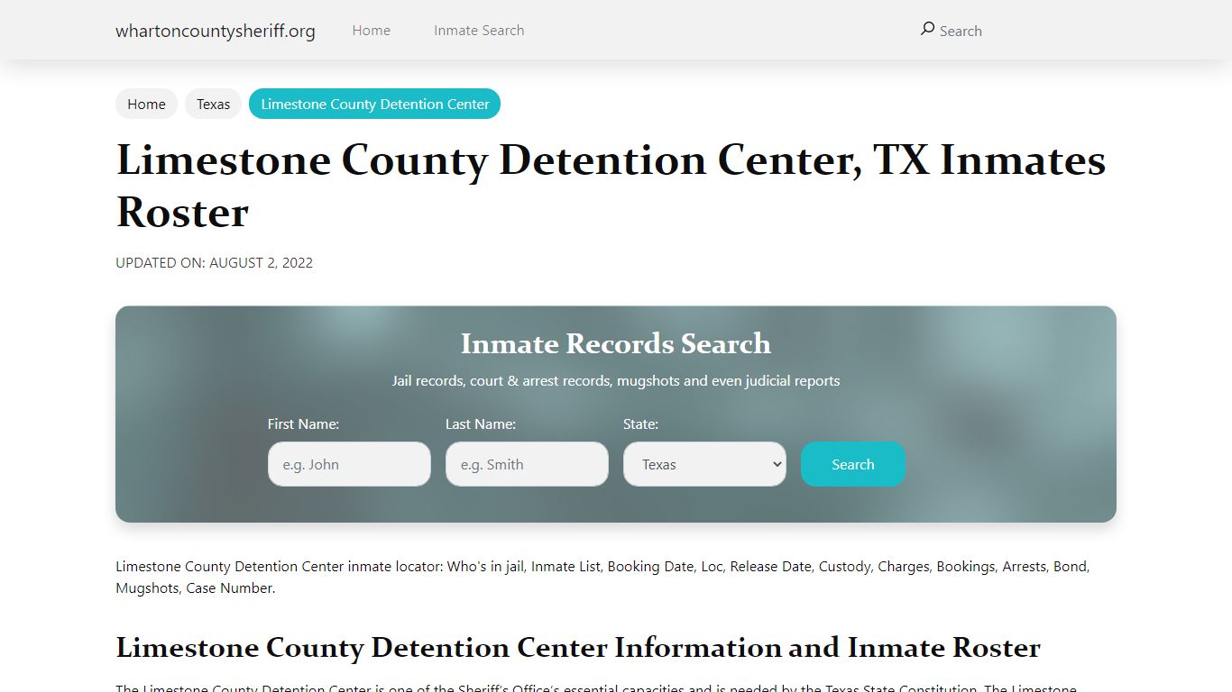 Limestone County Detention Center, TX Jail Roster, Name Search